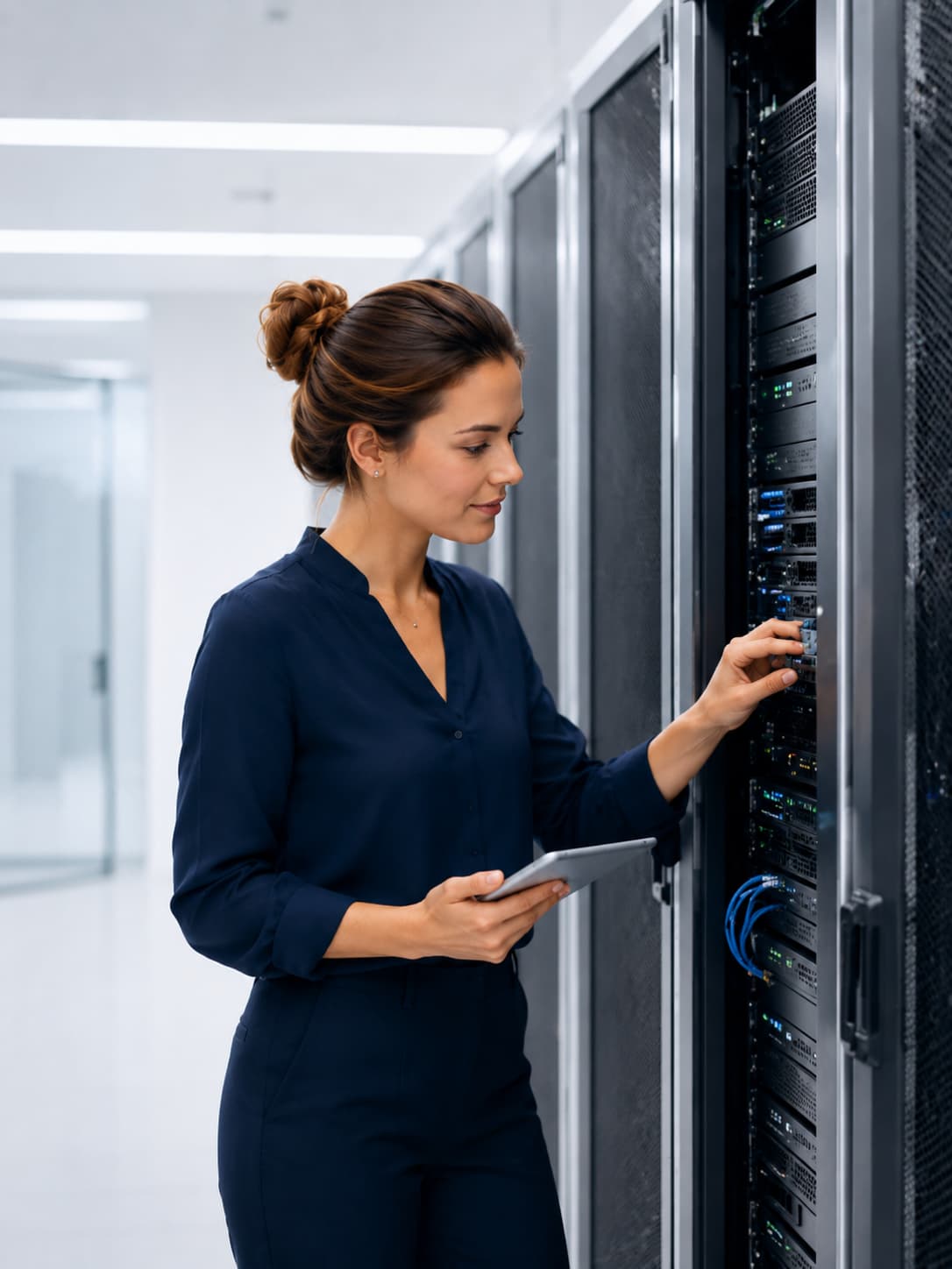 Frau am Arbeitsplatz mit Server - On-Premise Zeiterfassungslösung