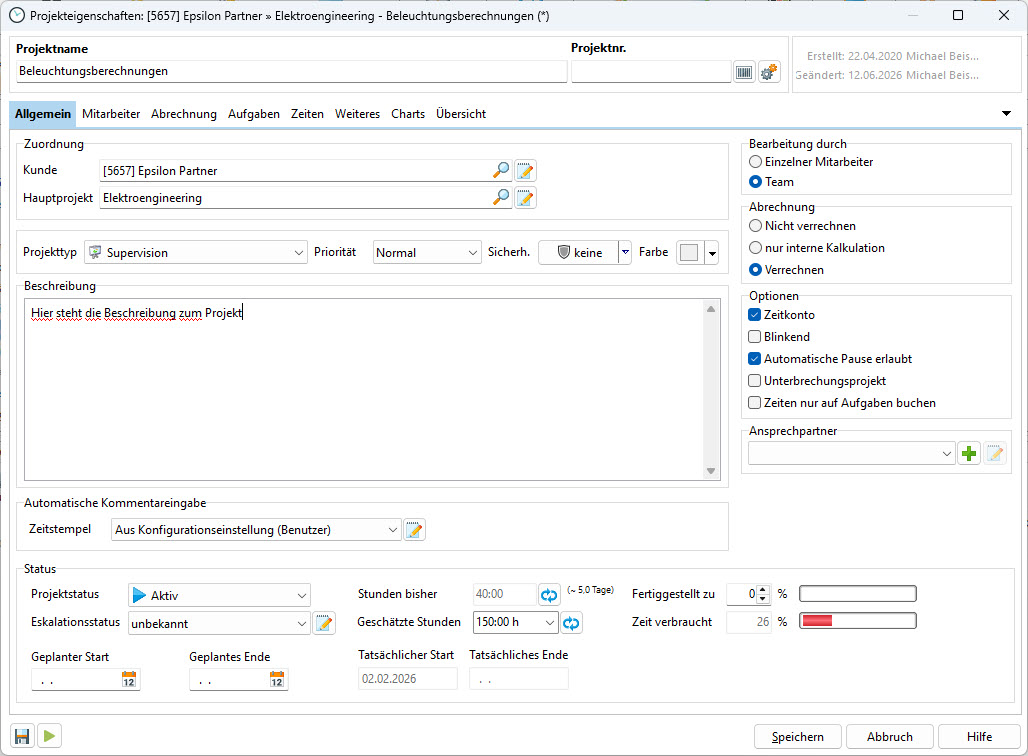 Xpert-Timer Pro – Project properties with budget, team and billing